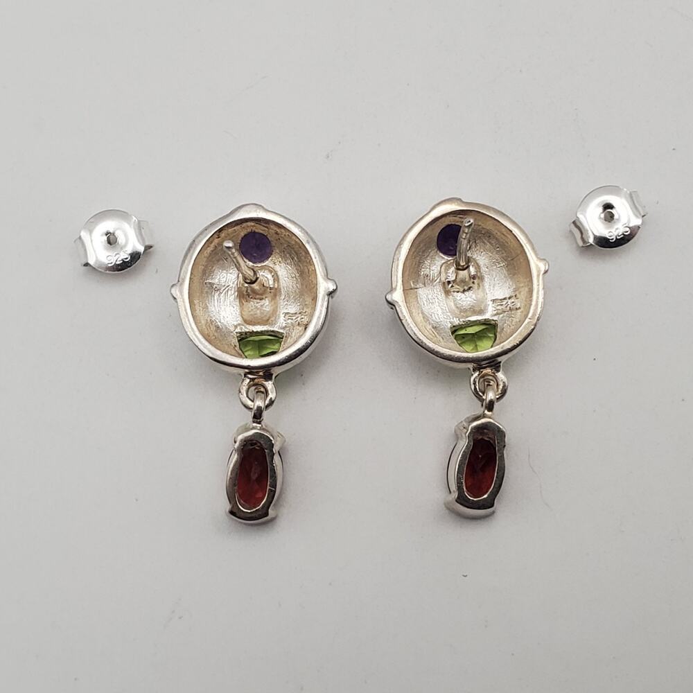 Vintage 925 Sterling Silver Multistone Post Earrings Amethyst Peridot Garnet - Picture 4 of 6